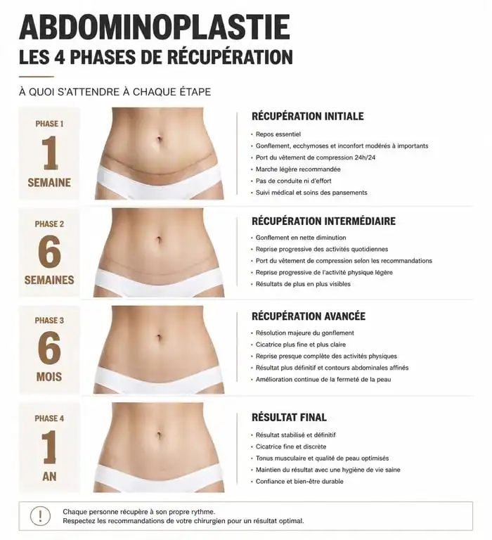 Infographie chronologie récupération abdominoplastie diastasis avant apres