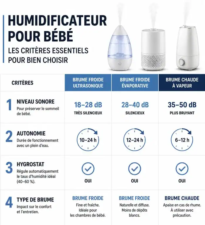 Infographie comparative des critères de choix pour le meilleur humidificateur d'air bébé