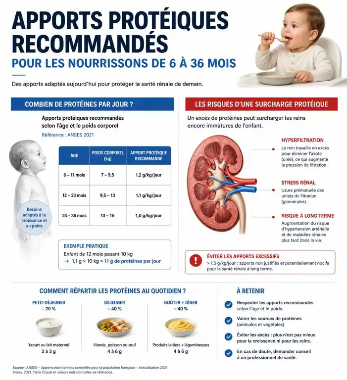 Infographie sur les conséquences d'un excès de protéines chez le bébé et les apports recommandés