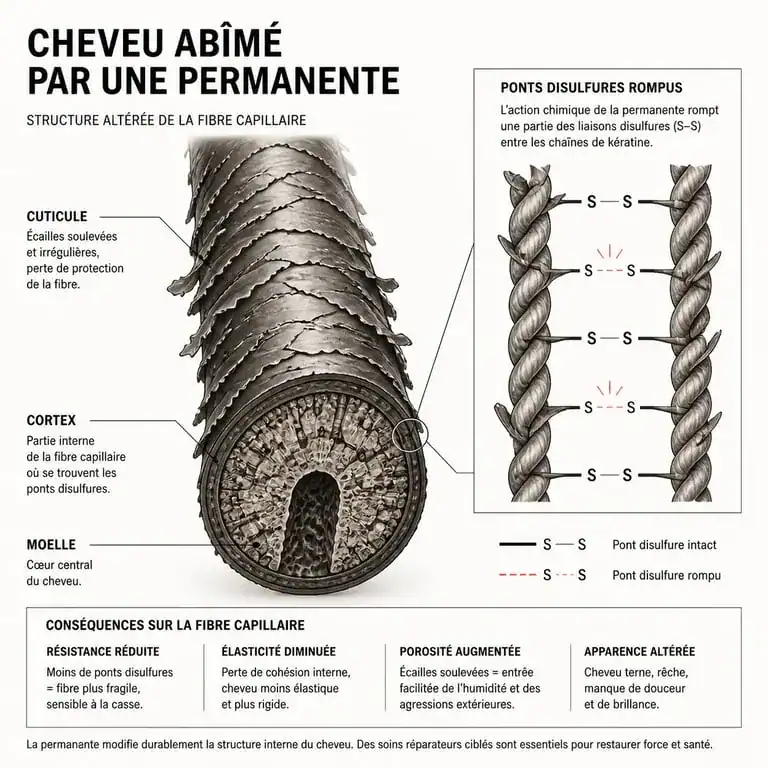 Schéma explicatif de la structure du cheveu après une permanente et effet paille