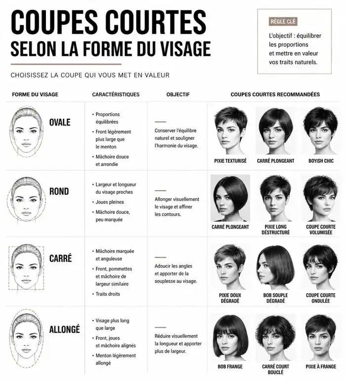 Infographie des coupes courtes femme moderne selon la forme du visage pour une nuque hyper stylée
