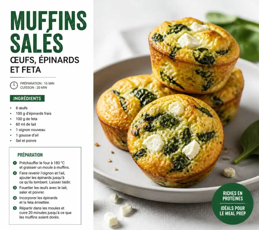 Muffins salés aux œufs, épinards et feta pour un petit-déjeuner salé à préparer la veille