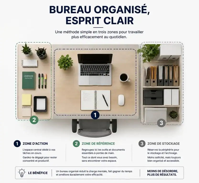 Infographie illustrant les zones d'organisation d'un bureau pour optimiser la productivité.