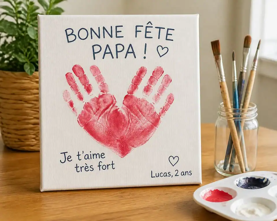 Cadeau fête des pères à fabriquer 2 ans : toile avec empreinte de main en forme de cœur
