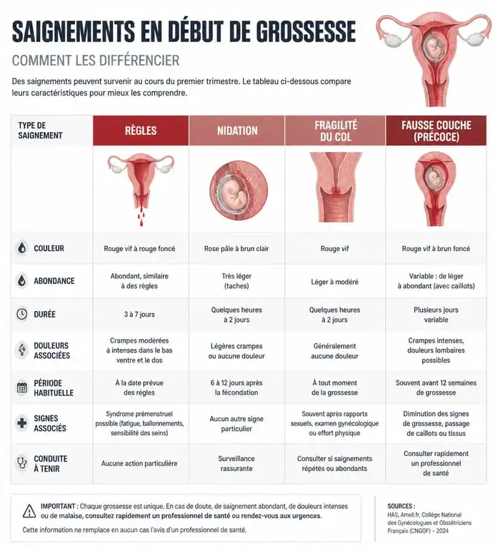 Tableau comparatif des saignements pendant la grossesse : règles, nidation et complications
