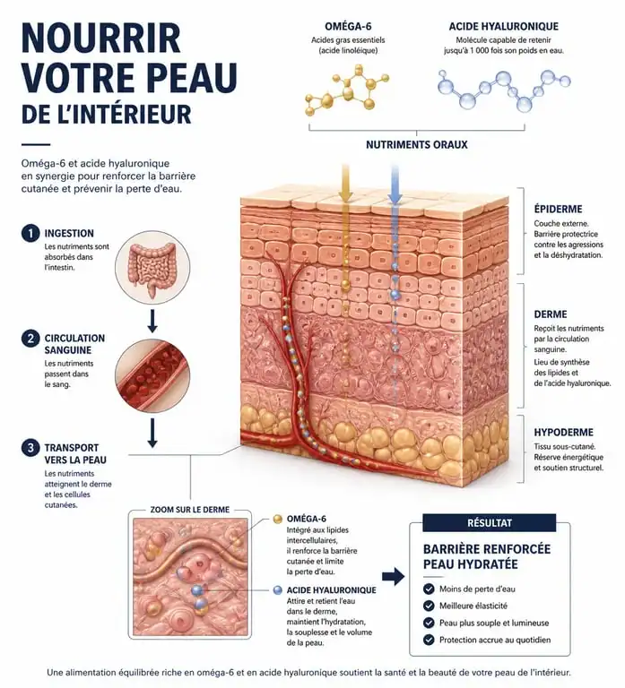 Infographie mécanisme action compléments alimentaires pour peau sèche