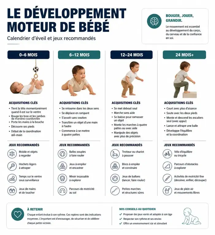 Infographie du calendrier de l'éveil et jeux de motricité bébé par âge
