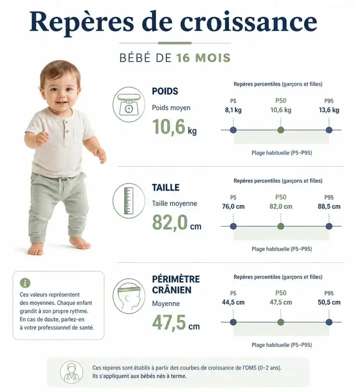 Infographie des repères de croissance et développement d'un bébé de 16 mois