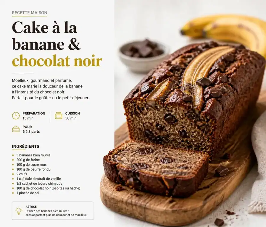 Cake moelleux banane et chocolat noir pour un gouter healthy