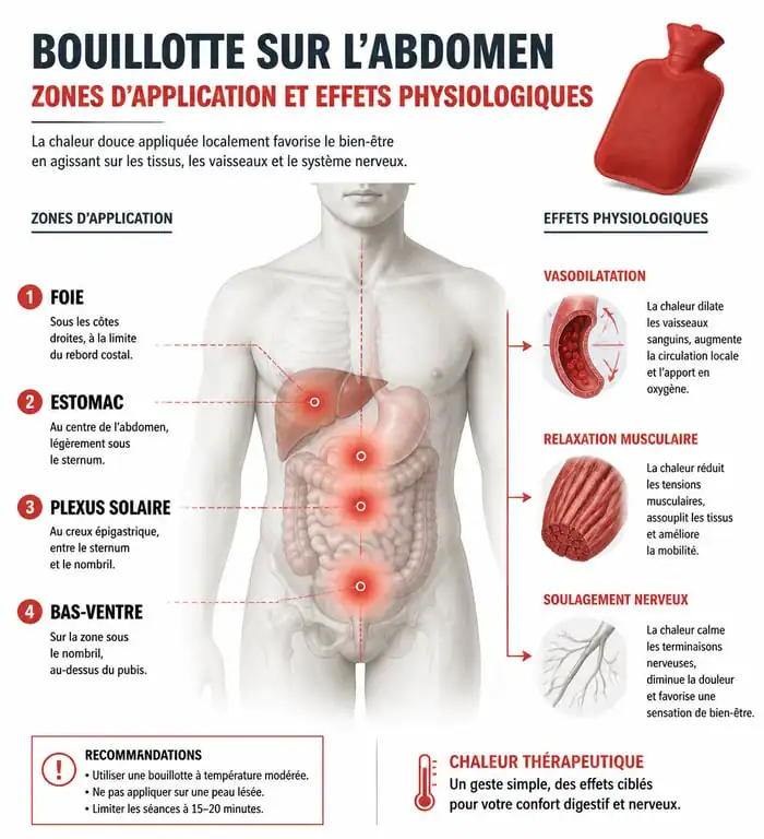 Infographie des zones d'application de la bouillotte sur le ventre pour soulager les douleurs et améliorer la digestion