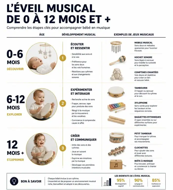 Infographie sur les jeux musicaux pour bébé par étape de développement