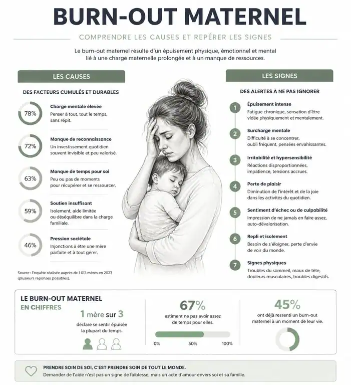 Infographie sur les signes et causes de l'épuisement maternel