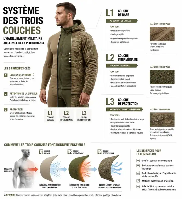Infographie du système des trois couches de l'habillement militaire pour la régulation thermique