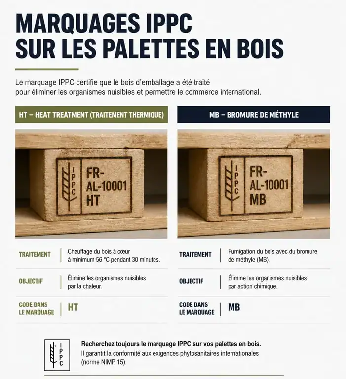 Infographie sur les marquages de sécurité des palettes en bois pour fabriquer un meuble palette