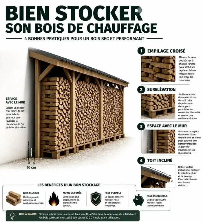Infographie des bonnes pratiques pour le rangement du bois de chauffage