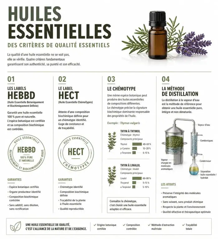 Infographie des critères de qualité pour choisir ses huiles essentielles et marques