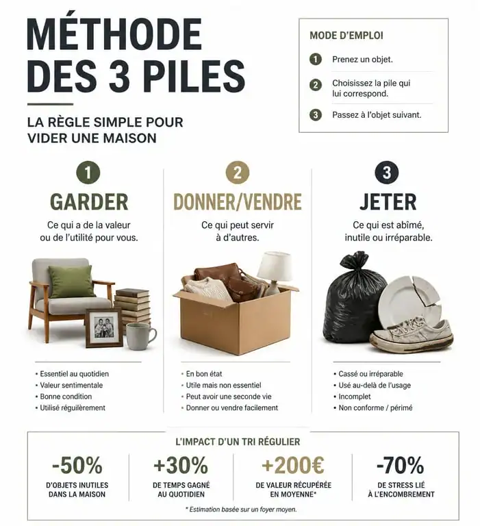Infographie de la méthode de tri en trois piles pour vider une maison