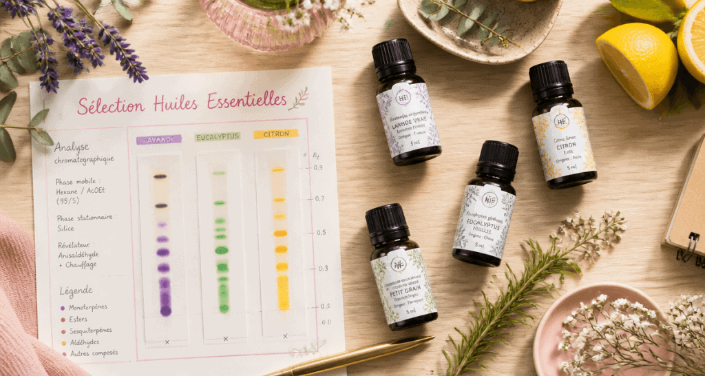 huiles essentielles marques sur bureau avec plantes et fiche analyse