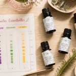 huiles essentielles marques sur bureau avec plantes et fiche analyse