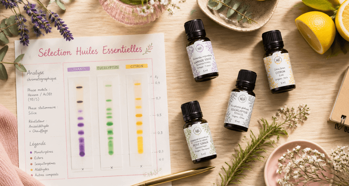 huiles essentielles marques sur bureau avec plantes et fiche analyse