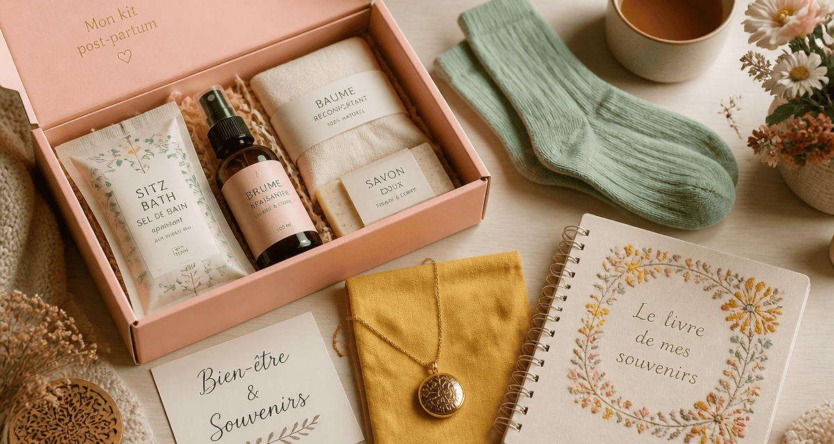 idée cadeau baby shower pour la maman, kit post-partum, chaussettes, bola, carnet