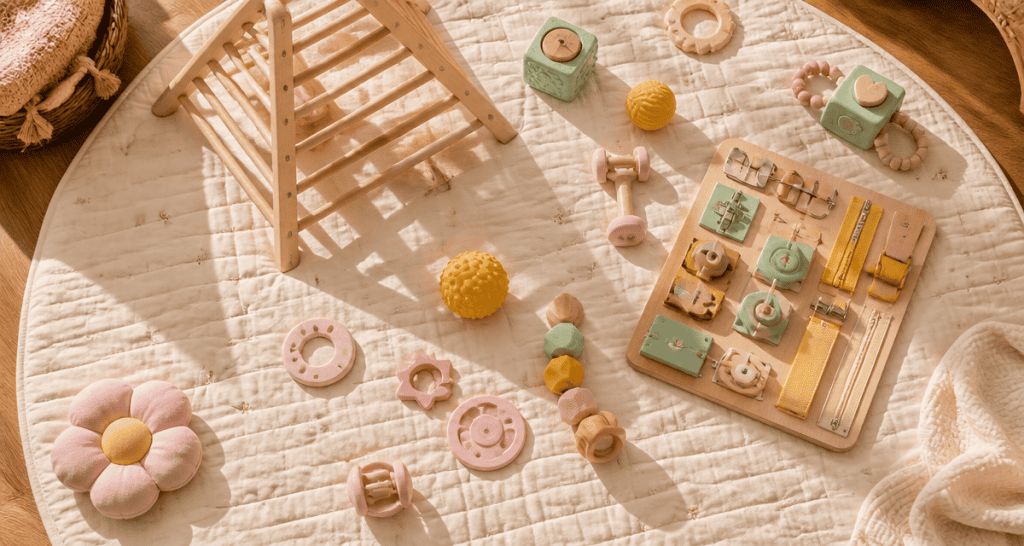 jeux motricité bébé sur tapis d’éveil bois et silicone