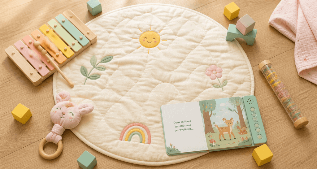 jeux musical pour bebe sur tapis d eveil en bois et tissu
