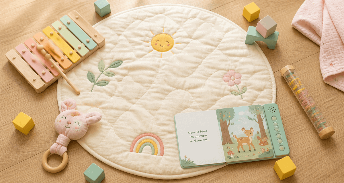 jeux musical pour bebe sur tapis d eveil en bois et tissu