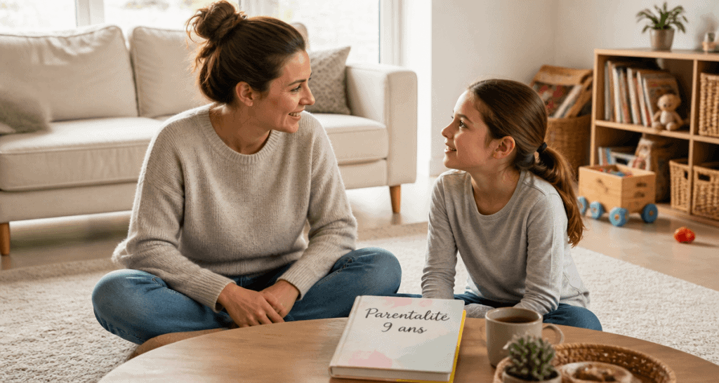 Mère discute avec enfant 9 ans dans salon