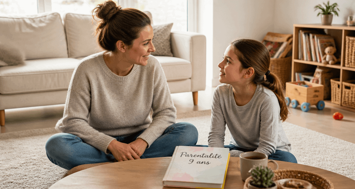 Mère discute avec enfant 9 ans dans salon