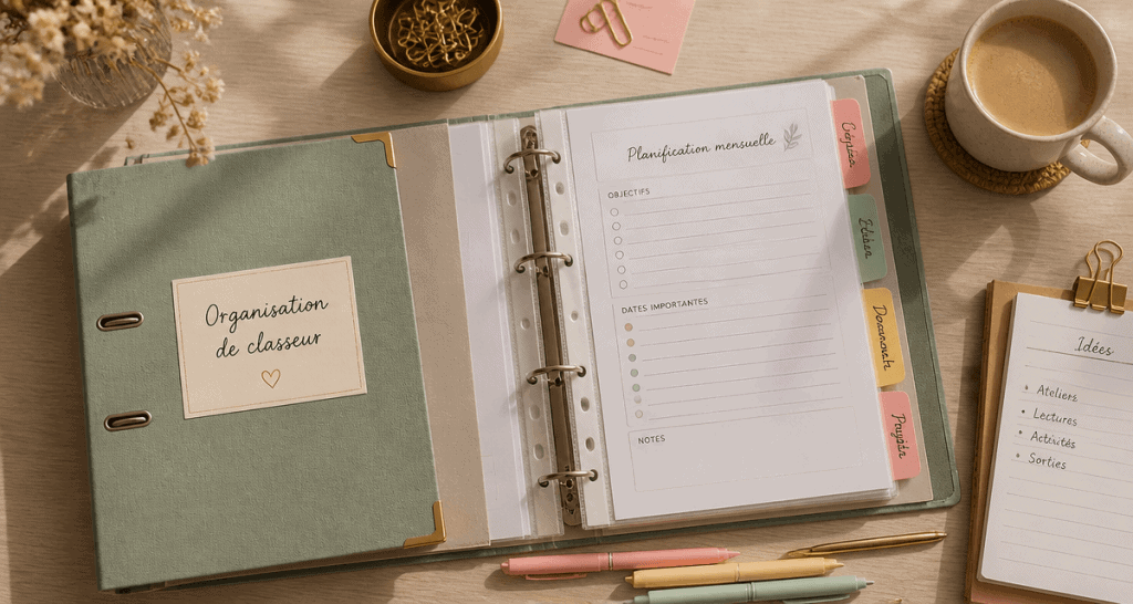 Organisation classeur avec intercalaires et accessoires