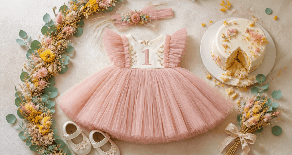 robe anniversaire 1 an tulle vieux rose bébé flat-lay