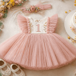 robe anniversaire 1 an tulle vieux rose bébé flat-lay