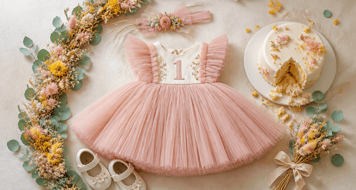robe anniversaire 1 an tulle vieux rose bébé flat-lay