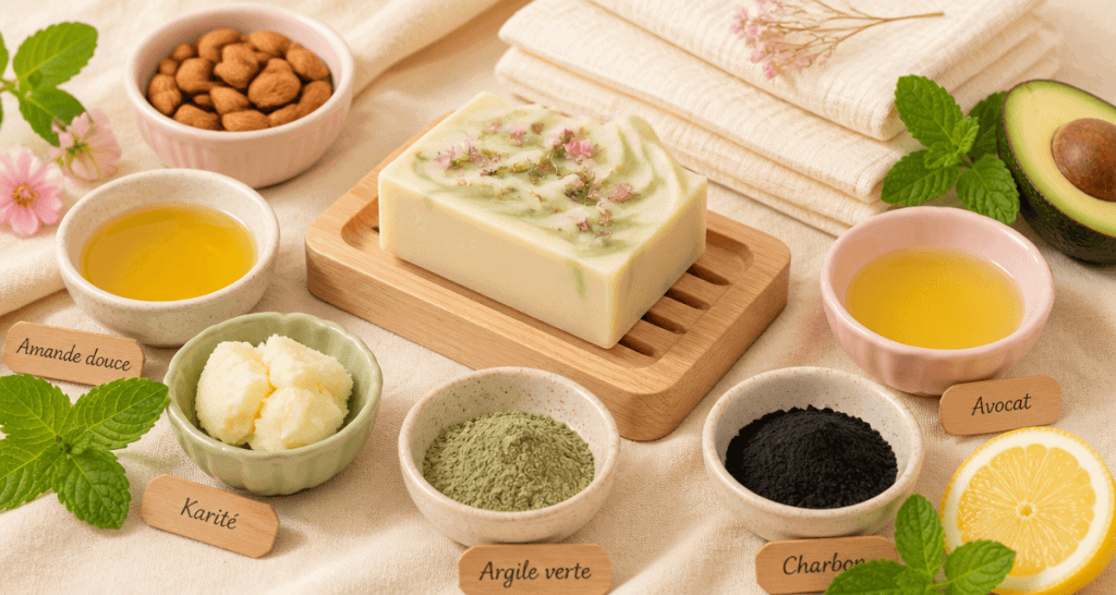 Savon nettoyage visage solide avec huiles et poudres naturelles