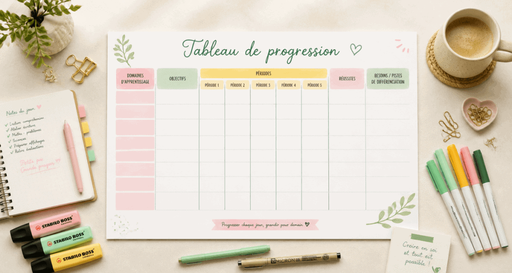 tableau de progression pédagogique vierge sur bureau enseignant