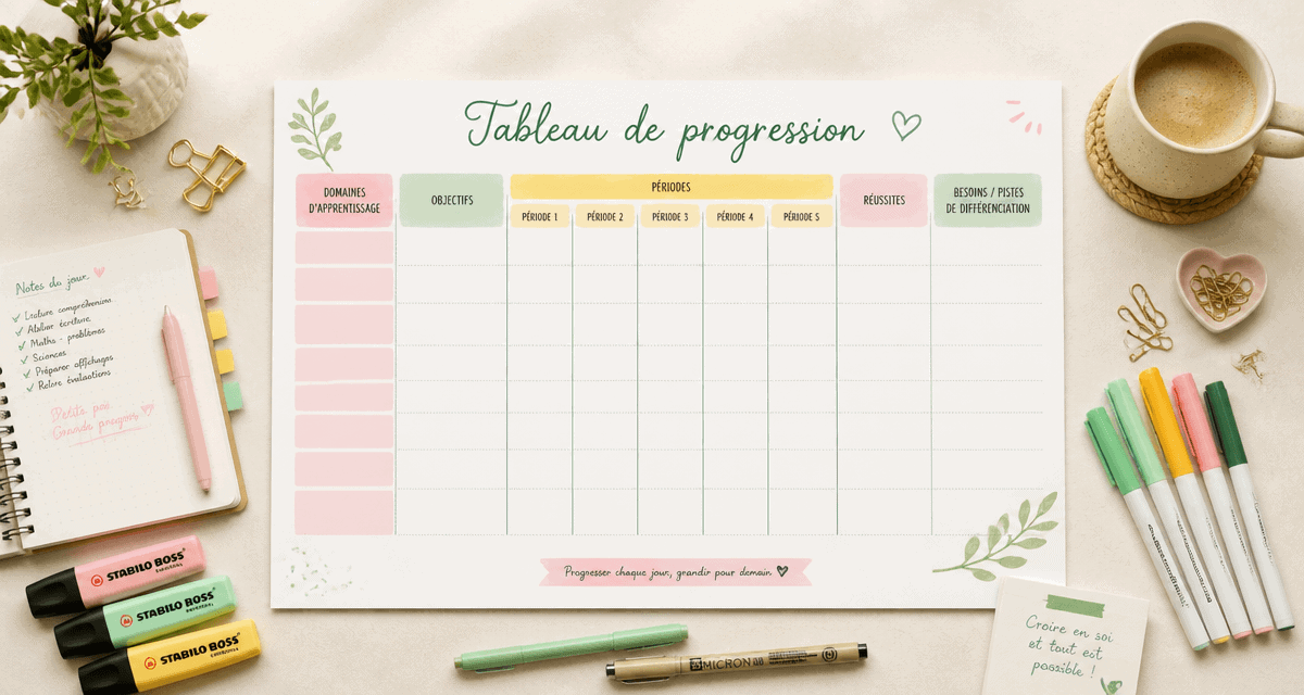 tableau de progression pédagogique vierge sur bureau enseignant