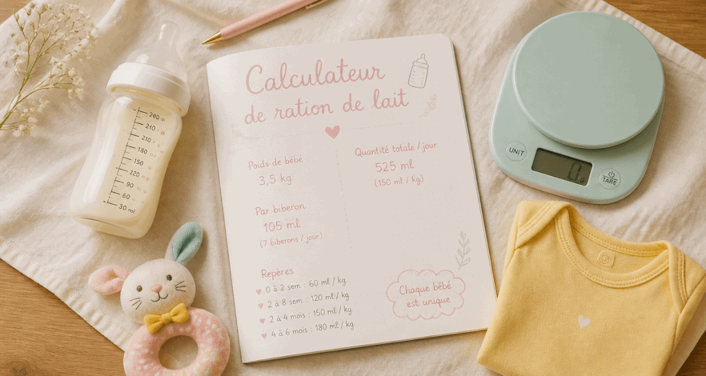 tableau quantité lait bébé poids sur table avec biberon