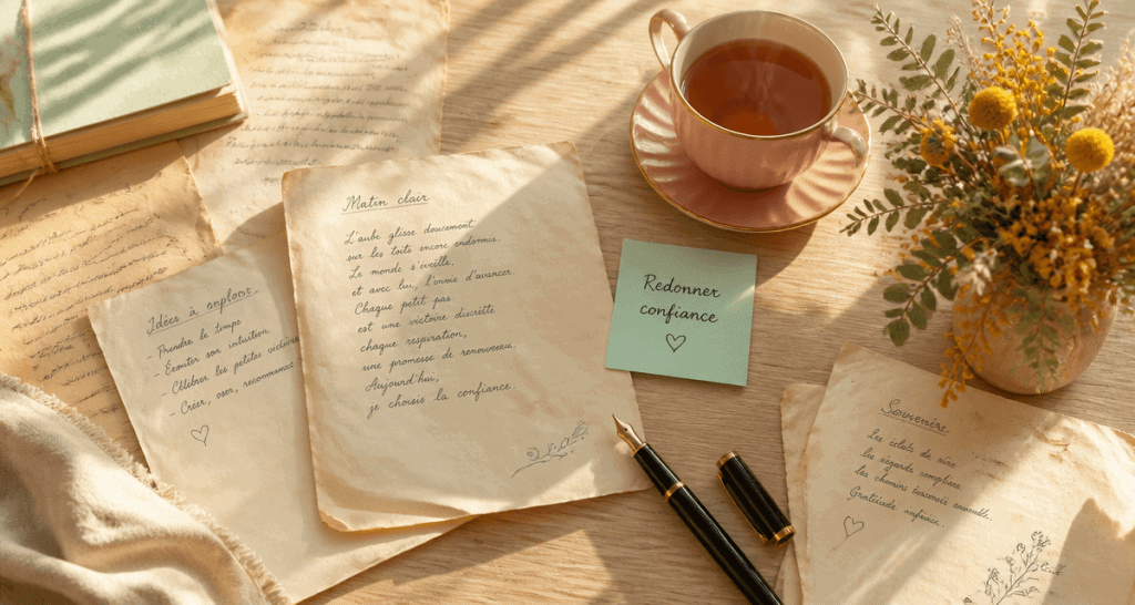 texte pour redonner confiance à quelqu un sur table avec thé et fleurs