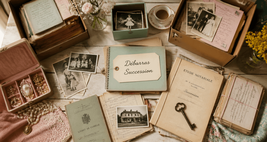 Vider maison après décès, table avec cartons et souvenirs