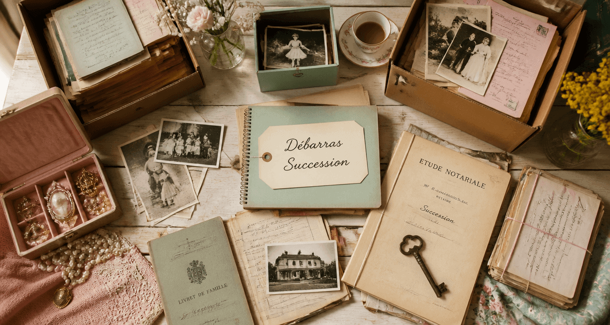 Vider maison après décès, table avec cartons et souvenirs