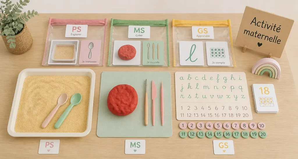 Activité maternelle : ateliers PS MS GS sur table en bois clair
