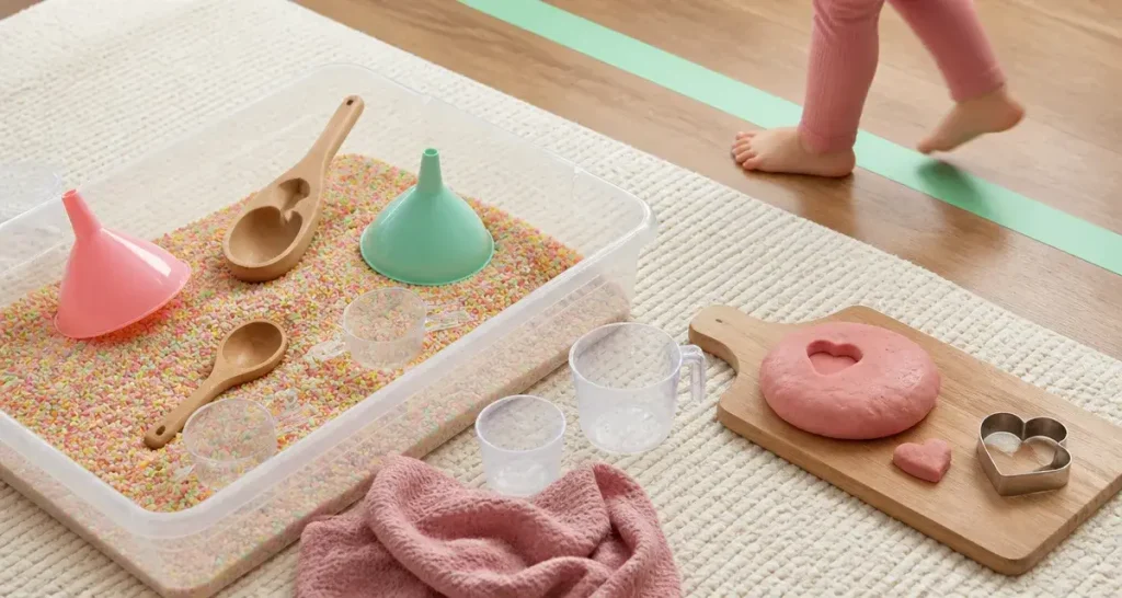 Activités 2 ans : bac sensoriel avec riz coloré et pâte à modeler