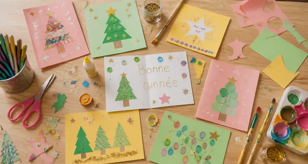 Carte de voeux maternelle décorée sur table d'atelier