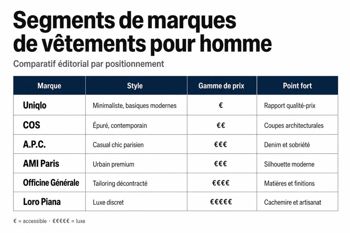 Infographie comparative des meilleures marques de vêtements pour homme : style, prix et points forts.