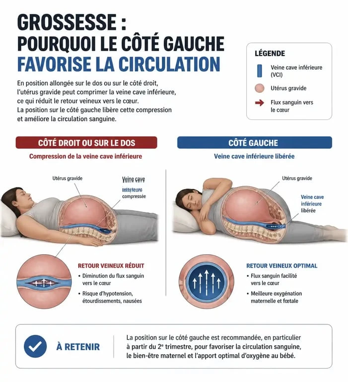 Schéma explicatif des positions pour dormir enceinte et circulation sanguine