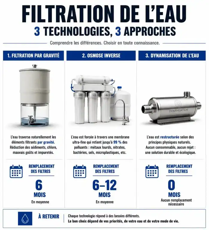 Infographie comparative des technologies de filtration d'eau pour choisir sa fontaine à eau