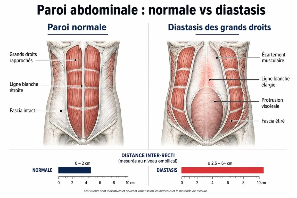 Schéma anatomique comparatif : paroi abdominale normale vs diastasis abdominal responsable du ventre gonflé