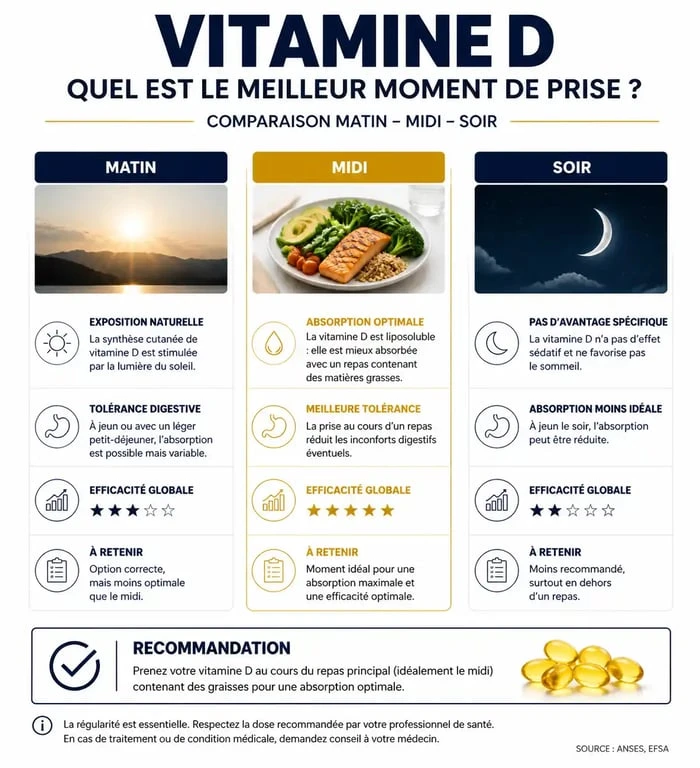 Infographie comparant les moments optimaux pour prendre la vitamine D : matin, midi ou soir pour une meilleure absorption.