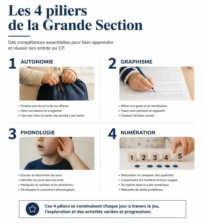 Infographie des compétences clés en grande section de maternelle pour préparer le CP